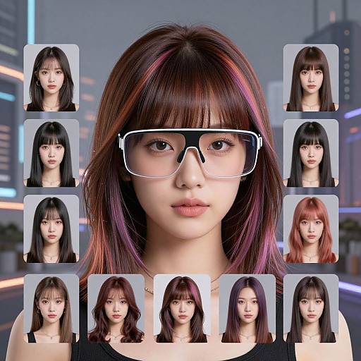 Digital composite portrait of an East Asian woman with dark brown hair, pink highlights, and black-framed glasses, surrounded by eleven smaller portraits of various hairstyles
