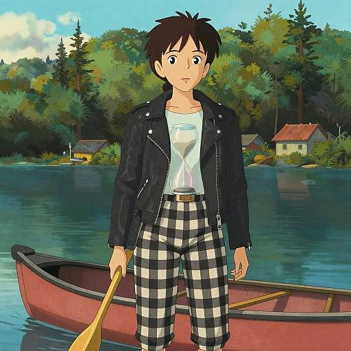 Digital anime-style drawing of a young man with black hair, wearing a black jacket, white shirt, and black-and-white checkered pants, standing in