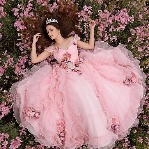 Photograph of a fair-skinned woman with long brown hair, wearing a pink, ruffled ball gown adorned with roses, lying on pink flowers,