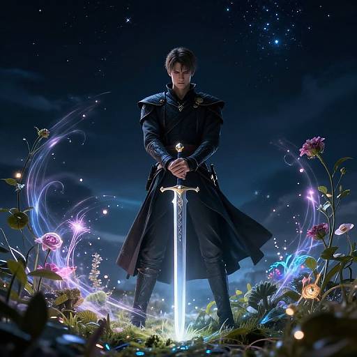 A serious young man in a dark, long coat holds a glowing sword, surrounded by colorful, ethereal flowers and swirling lights under a starry night