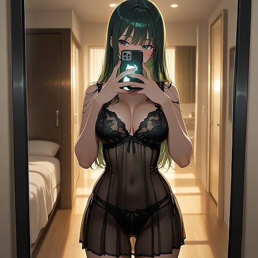 Digital anime-style photograph of a green-haired woman with large breasts, wearing black lace lingerie, taking a mirror selfie in a brightly lit, modern bedroom.