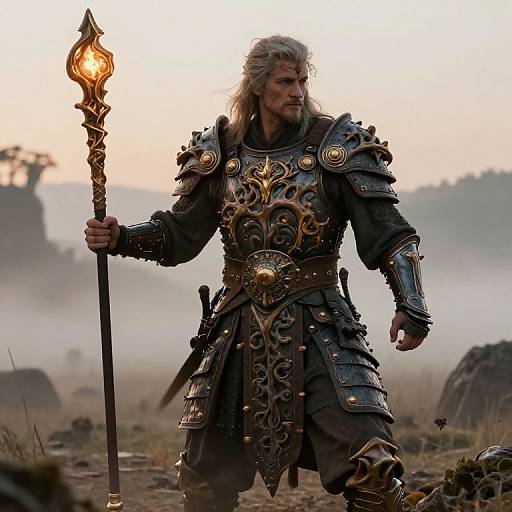 Photograph of a rugged, bearded warrior with long gray hair, wearing ornate, metallic armor and holding a glowing staff, standing in a mist