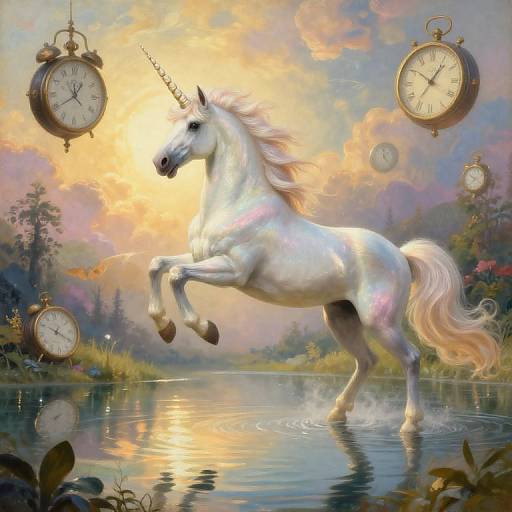 Digital painting of a rearing, shimmering white unicorn in a serene lake, surrounded by floating antique clocks against a colorful sunset sky.