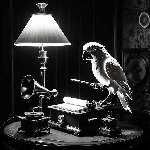 Noir Style Parrot Writing on Gramophone Desk