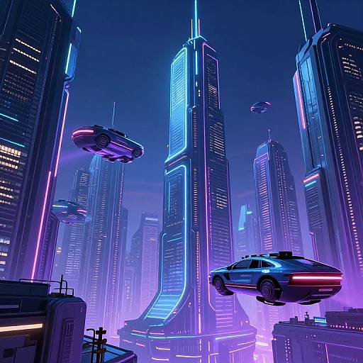 Cyberpunk cityscape with glowing neon skyscrapers, hovering UFOs, and flying car; vibrant purple and blue lights illuminate the futuristic scene.