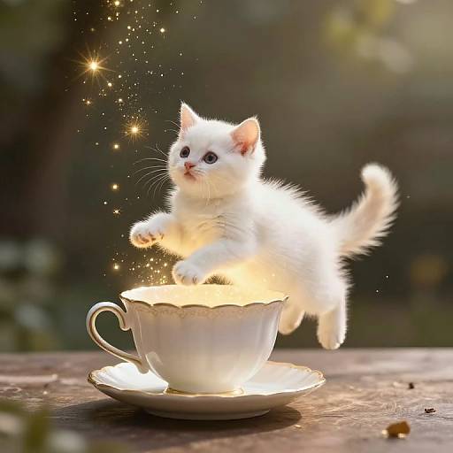 Photograph of a fluffy white kitten with sparkling lights around it, standing on a glowing, ornate white teacup on a wooden table.