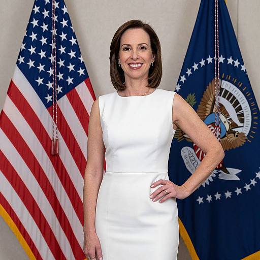 Photograph of a smiling brunette woman in a white sleeveless dress, standing in front of American and state flags.