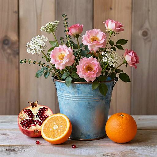 Rustic Floral Still Life with Fruit
