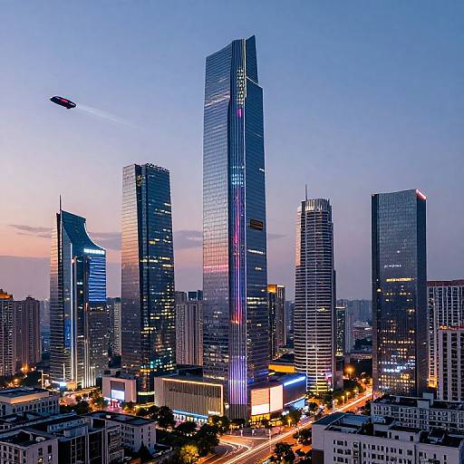 Photograph of a modern cityscape at dusk, featuring tall, illuminated skyscrapers with reflective glass facades, a flying drone, and vibrant city