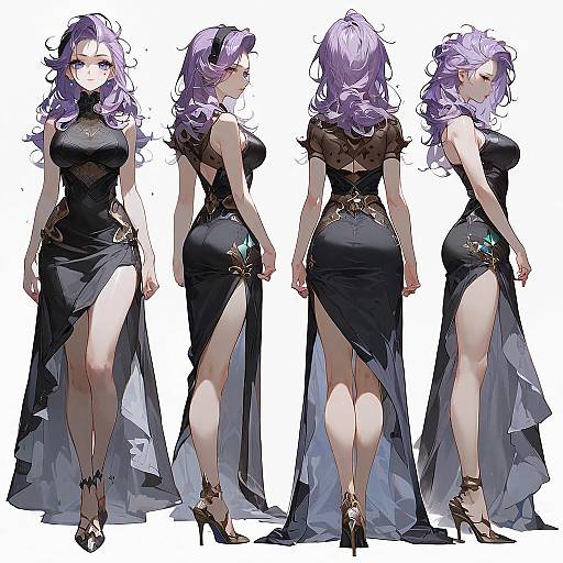 Anime Character Turnaround with Purple Hair in Black Dress
