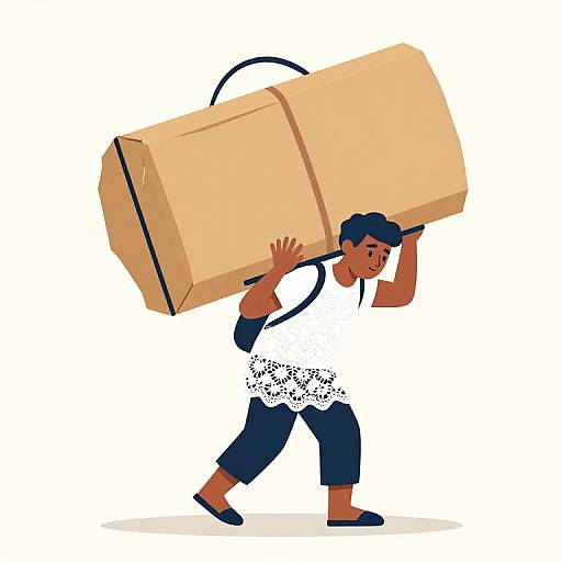 Illustration of a muscular brown-skinned man with short black hair, wearing a white shirt and blue pants, carrying a large beige cardboard box over his