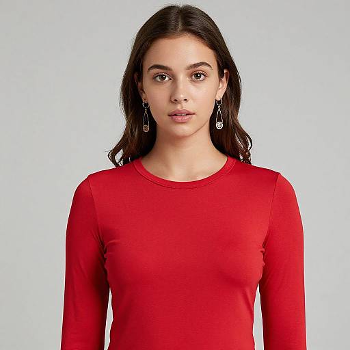 Photograph of a young woman with medium skin tone, dark brown hair, and brown eyes, wearing a red long-sleeve top, and dangling