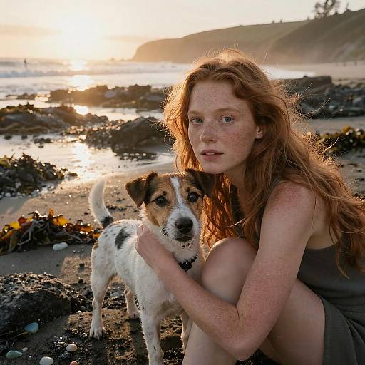 Young Woman with Jack Russell Terrier on Black Sand Beach