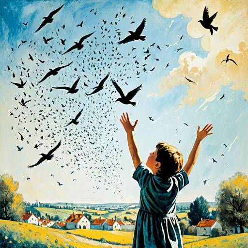 Child Releasing Birds in Marc Chagall Style