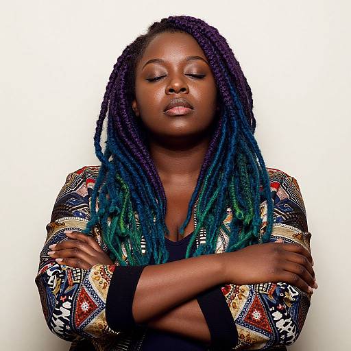 Photograph of a confident, dark-skinned woman with long blue and purple dreadlocks, wearing a colorful, patterned top, arms crossed, eyes