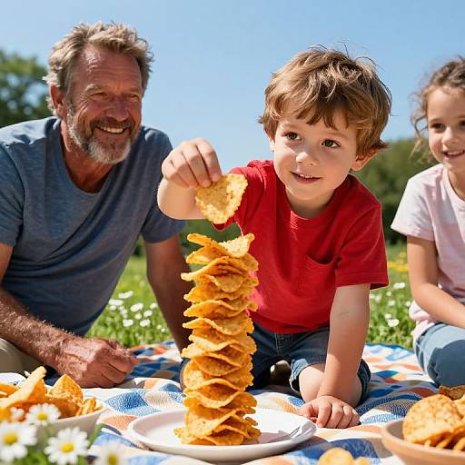 Photograph of a smiling gray-haired man and a young boy with brown hair, both in red shirts, eating stacked potato chips outdoors on a blue blanket