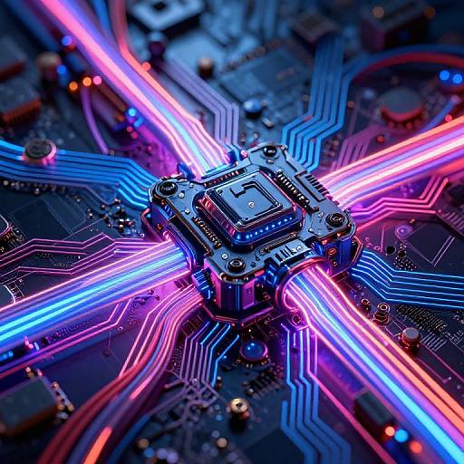 Photograph of a glowing, neon-lit CPU chip with vibrant blue and pink circuit lines radiating outwards, set on a detailed, dark electronic