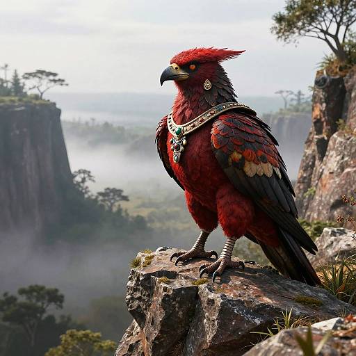 Digital artwork of a red-feathered, anthropomorphic bird with black wings, standing on a rocky cliff, wearing a silver necklace, overlooking a mist