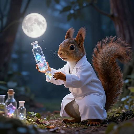 Photograph-style CGI: A cute, anthropomorphic squirrel in a white lab coat kneels, holding a glowing, blue liquid-filled bottle under a full