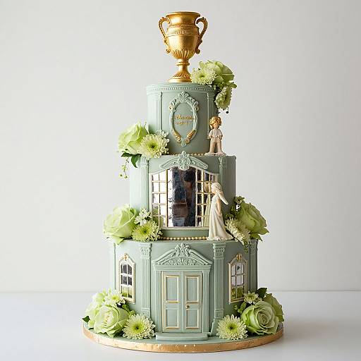Photograph of an elaborate, three-tiered cake featuring pastel green icing, ornate windows, a golden trophy, and green roses with detailed figur