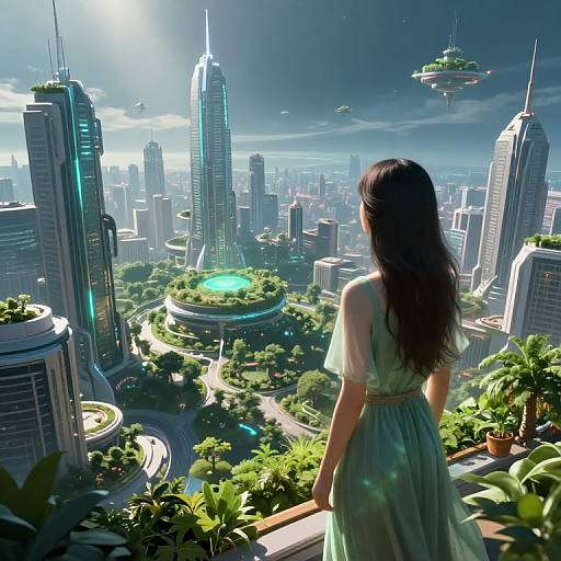 Digital art: Woman with long black hair in a green dress stands on a balcony, gazing at a futuristic, sunlit cityscape with floating islands