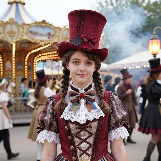 Photograph of a young woman with braided brown hair, wearing a red top hat, Victorian-style dress with lace and corset, in a lively