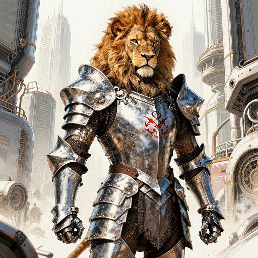 Digital art of a fierce lion warrior in shiny, blood-stained medieval armor, standing in a futuristic, metallic cityscape.