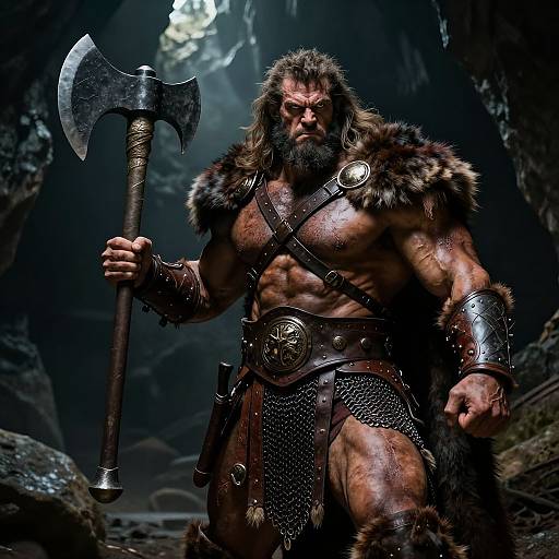 Photorealistic CGI of a muscular, bearded Viking warrior with fur and leather armor, holding a large axe, standing in a dark cave.