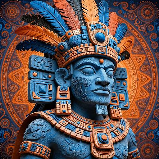 Digital artwork of a blue, feathered Aztec warrior with intricate patterns, wearing a detailed headdress and necklace, against an orange, circular, mand