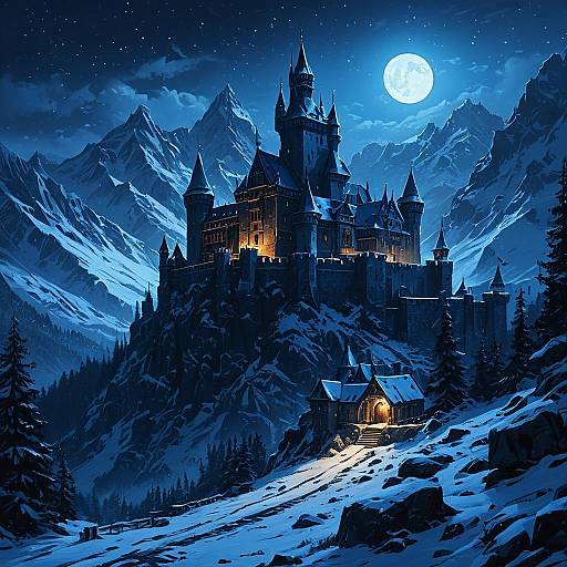 Fantasy Castle in Snowy Mountain at Night