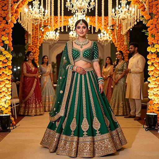 Photograph of an Indian bride in a green and gold embroidered lehenga, standing center-stage under ornate chandeliers and floral arches.