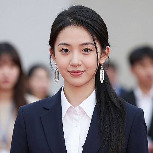 Photograph of an Asian woman with long black hair in a ponytail, wearing a black suit, white shirt, and silver dangling earrings, smiling softly