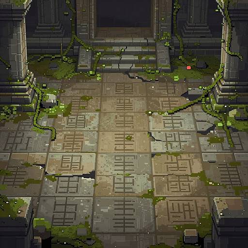 Pixel art image of a dilapidated, moss-covered stone floor with cracked tiles, surrounded by dark, ominous stone pillars in a dimly lit,