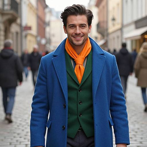 Photograph of a smiling man with dark hair, wearing a vibrant blue coat, green vest, and bright orange scarf, standing on a cobblestone