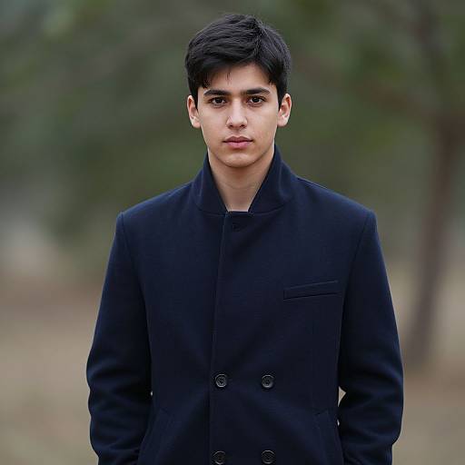 Photograph of a young man with short black hair, wearing a black double-breasted coat, standing outdoors with a blurred forest background.