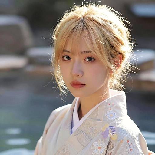 Photograph of a young Asian woman with blonde hair in a loose bun, wearing a white floral kimono, standing by a sunlit water background.