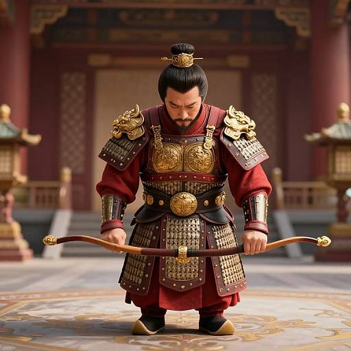 Photorealistic CGI of a Japanese samurai with black hair in a topknot, wearing ornate gold and brown armor, holding a bow,