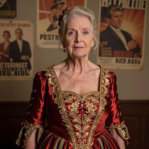 Photograph of an elderly white woman with gray hair, wearing an elaborate red and gold embroidered dress, standing in front of vintage political posters.