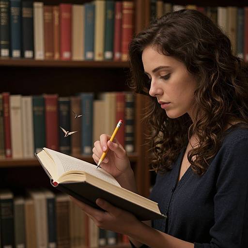 Photograph of a curly-haired woman in a dark blue shirt, writing in an open book with a pencil, surrounded by colorful bookshelves.