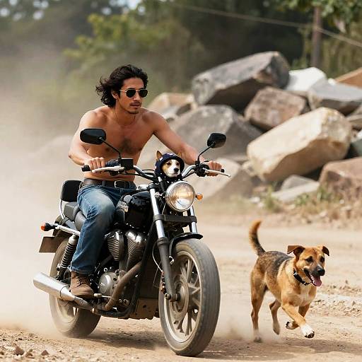 Adventurous Man on Motorcycle with Dogs