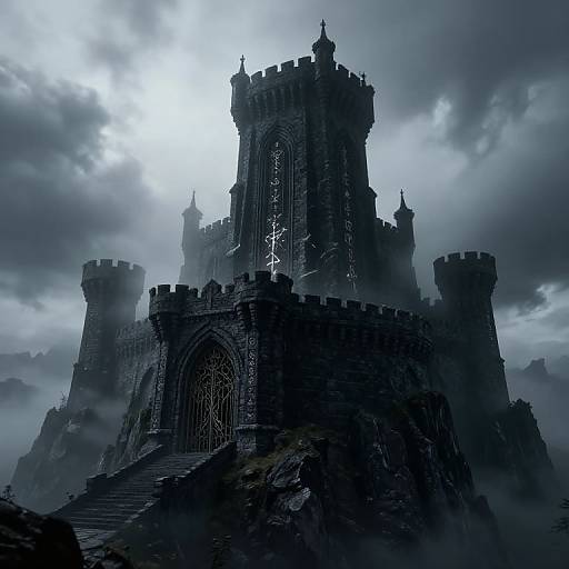 Mysterious, gothic castle with towering spires and intricate arched windows, shrouded in mist under a dark, cloudy sky. Digital art