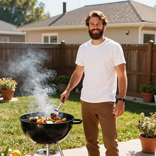 Bearded man with brown hair and beard, wearing white t-shirt and brown pants, grilling food in backyard with smoke rising.