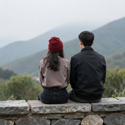 Couple on Stone Wall Amid Mist