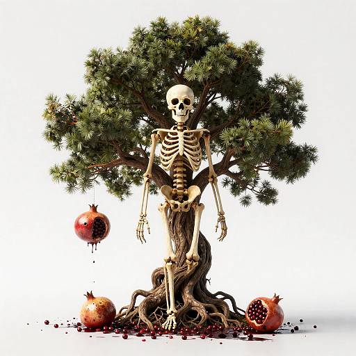 Skeleton Integrated with Twisted Bonsai Tree and Rotten Pomegranates