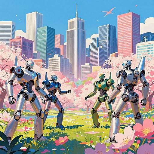 Digital artwork of five colorful robots in a vibrant, springtime city park with pink cherry blossoms, tall skyscrapers, and a bright blue sky