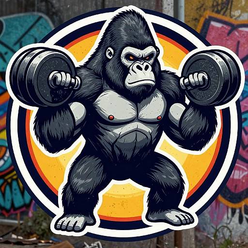 Cartoon-style image of a muscular, black-and-white gorilla lifting dumbbells, standing in front of a vibrant orange and yellow circular background,