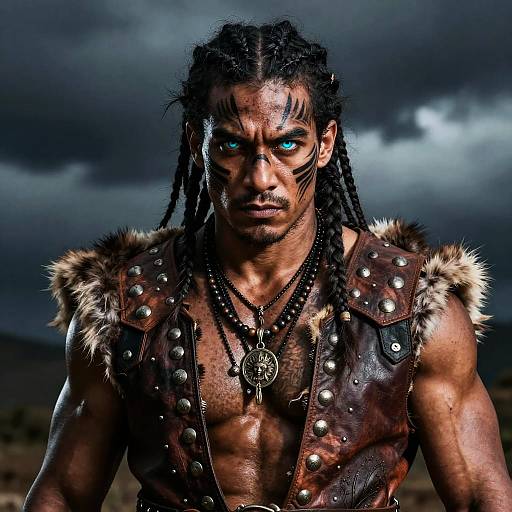 Photograph of a muscular, dark-skinned man with blue eyes, long dreadlocks, and tribal tattoos, wearing a fur-trimmed, st