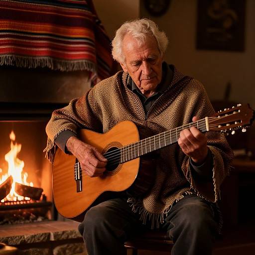 Photograph of an elderly man with white hair playing a wooden acoustic guitar in front of a warm, glowing fireplace. He wears a brown, fringed