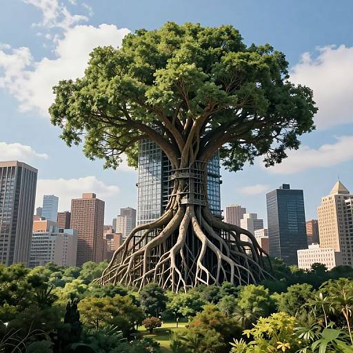 Photorealistic CGI of a giant tree with sprawling roots, integrated into a modern city skyline with skyscrapers under a blue sky.