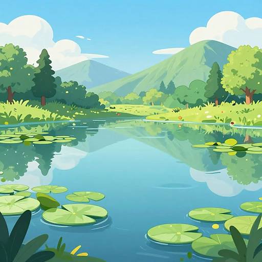 Bright, colorful digital illustration of a serene mountain lake with lily pads, reflections, and lush green trees under a blue sky.